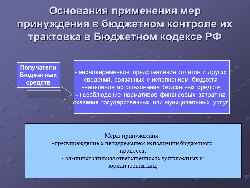 Основания применения мер принуждения в бюджетном контроле их трактовка в Бюджетном кодексе РФ Получатели